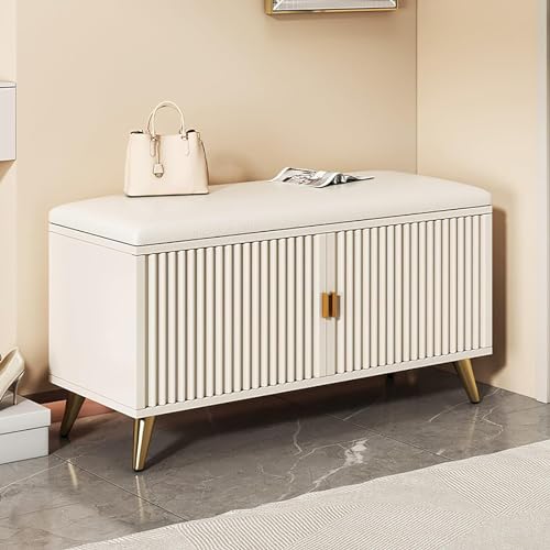 Banco moderno para zapatos con puerta oculta, organizador de almacenamiento para tacones altos (90 x 50 x 30 cm, oro blanco)