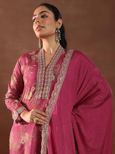 Image of Libas Womens Printed Silk Blend Straight Kurta With Palazzos and Dupatta | daily wear suit