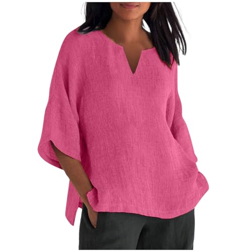 Version classique du t-shirt imprimé ample en coton avec manches 3/4 et col rond pour femme T-shirt fantaisie pour femme, Rose, XXL