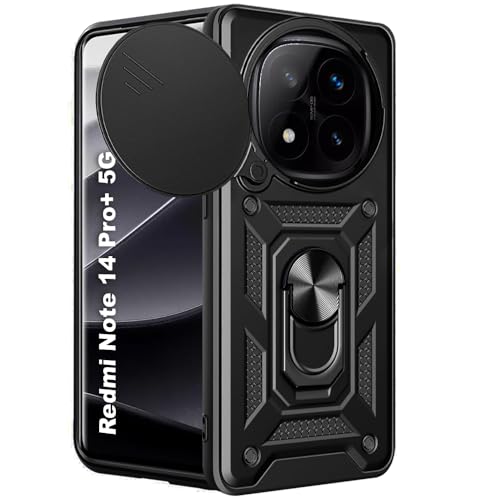 TheGiftKart Tough Armor Bumper Back Cover Case for Mi Redmi Note 14 Pro Plus 5G | Sliding Camera Cover, KickStand & Ring Holder | 360° Protection Back Cover for Redmi Note 14 Pro+ 5G (PC & TPU, Black)- Best and cheap mobile covers in India