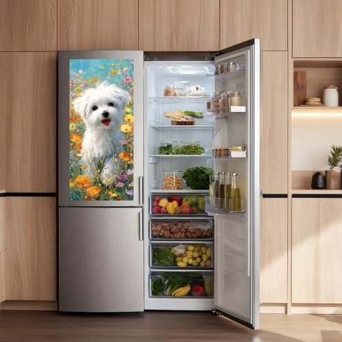 Image of 14.6x32.3 Inch Trash Can Cover White Dog in Flower Field Design Outdoor Garbage Bin Decoration Sticker Wrap