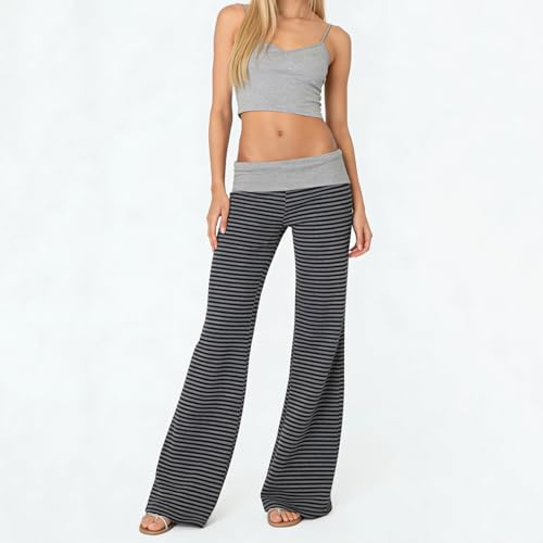 Image of Lounge Yoga Pants for Women Fold Over Low Waist Wide Leg Bell Bottoms | Y2K Foldover Pants, Flare Leggings, Low Rise Yoga Sweatpants