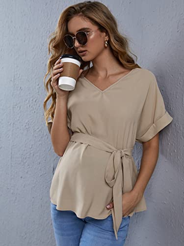 Oyoangle Women's Maternity Solid Short Sleeve V Neck Belted Waist Blouse Top Apricot L #TOP2