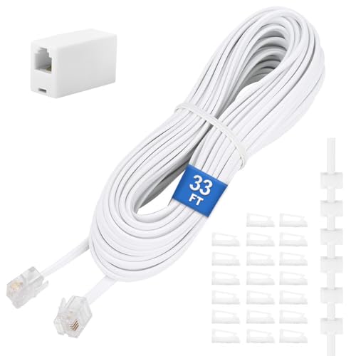 Image of Phone Extension Cord 33 Ft, Telephone Cable with Standard RJ11 Plug and 1 in-Line Couplers and 20 Cable Clip Holders, White | RJ11 6P4C Telephone Line Cord with 1 Coupler & 20 Clips, 10m Phone Wire for Landline Telephone, Modem, Fax Machine