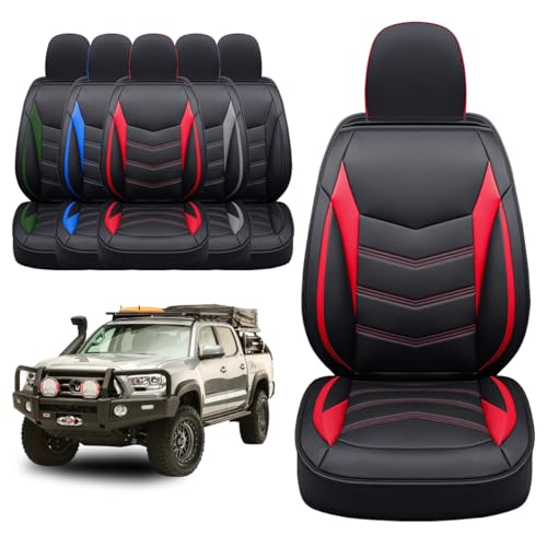 Image of LUCKYMAN CLUB Tacoma Custom Seat Covers Full Set, Fit 2024-2025 Tacoma Double /Crew Cab, with Waterproof Faux Leather (Full Set, Black-Red)