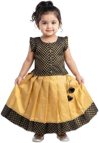 Stanwells Kids Kerala Kasavu Polka Brocade Silk Baby Girls Floral Embroidery Lehenga Choli Set