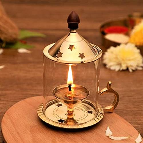 Image of eCraftIndia Golden Brass Akhand Diya with Glass Cover and Holder- Diwali Decoration Items for Home Decor- Gift for Diwali Housewarming