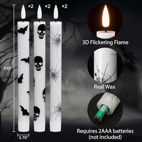 Image of Halloween Flameless Taper Candles with Remote Timer, 6 Pack LED Flickering Candlestick, Battery Operated Real Wax Candles with Bat, Skull and Spider Web Prints for Halloween Decorations