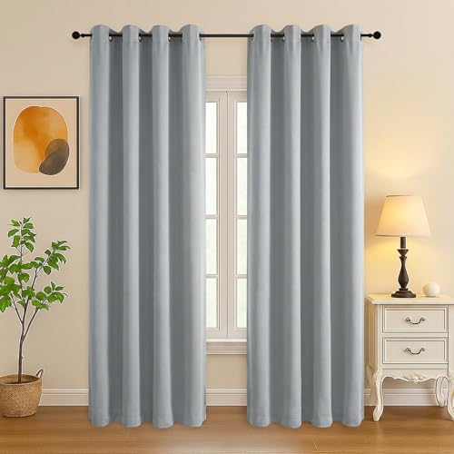 Image of Simplebrand Silver Grey Room Darkening Curtains for Bedroom Living Room 84 Inch Length 2 Panels Set, Thermal Insulated Curtains & Drapes, Solid Grommet Noise Reducing Window Treatment, W50 x L84 Inch