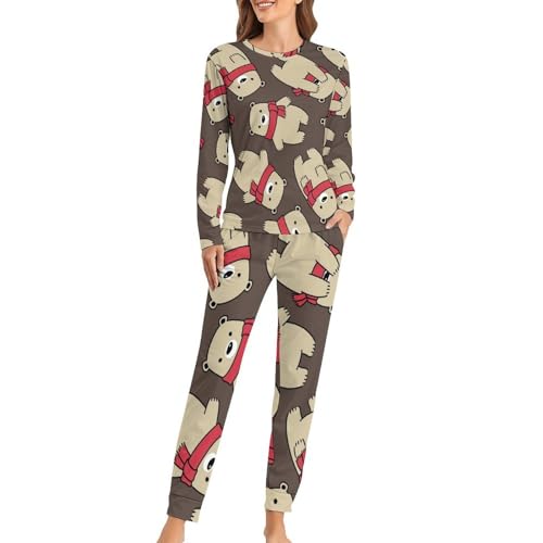 Pyjama femme avec t-shirt manches longues et pantalon foulard et ours