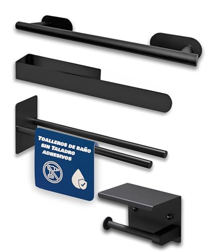 NoKsTyLe Set 3 Toalleros Baño Conjunto Accesorios Baño Sin Taladro Toallero Adhesivo Fuerte Negro Mate Porta Papel Higiénico con Repisa Acero Inoxidable Diseño Moderno y Fácil de Instalar