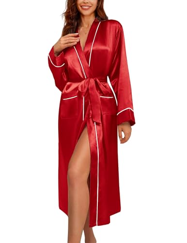 Image of Ekouaer Satin Robes for Women Long Sleeve Silk Bathrobe Soft Lightweight Full Length Sleepwear Bridesmaid Wedding Party Robes