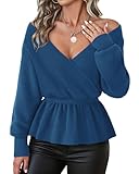 Lotusmile Work Sweaters for Women Office: Elegant Knit Peplum Wrap V Neck Long Sleeve Pullover Top, Perfect for Business Casual, Fall Winter Wardrobes & Holiday Gatherings (Denim Blue, XL)