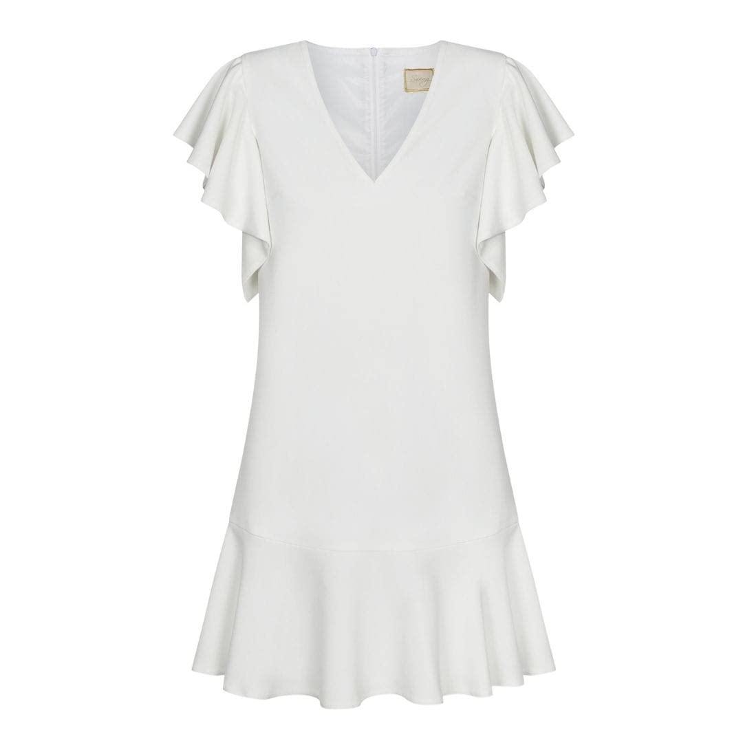 Swing Fashion Megan | Weiß | L Coctel de Mujer Festivo Fiesta Verano Noche Volantes Casual | Mini Vestido Elegante | Cuello en V | Manga Corta | Blanco | 40