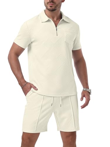 QIXING Herren Trainingsanzug 2 Teiler Sommer Shorts und T-Shirt Set mit Half-Zip Polo Kurzarm Zweiteiler Kurz