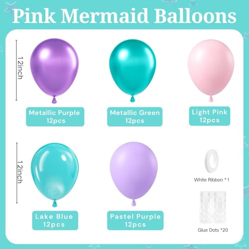 Image of BAUANOOY Mermaid Balloons, 60pcs 12 Inch Pink Metallic Purple Green Blue Latex Balloons for Little Mermaid Birthday Decorations, Baby Shower, Under the Sea Party Decorations
