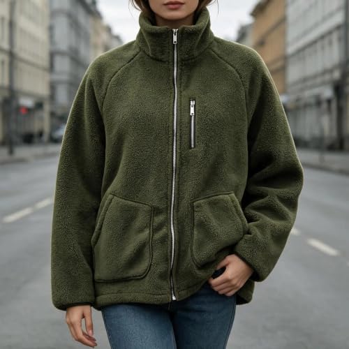 XOGWVJ Womens Full Zip Sherpa Fleece Jacket Stand Collar Warm Soft Coat Chest Zip Pocket Casual Fall Winter Outerwear 2026 Long Winter Coats for Women Plus Size Army Green S - image 3