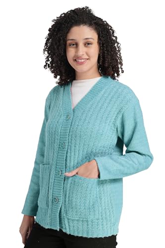 Image of MANRA Women's Woolen V-Neck Buttoned Full Sleeve Cardigan Self Design Soft Wool Fabric Winter Wear Pure Wool Sweater Fully Warm with Front Pockets Stylish Cardigan
