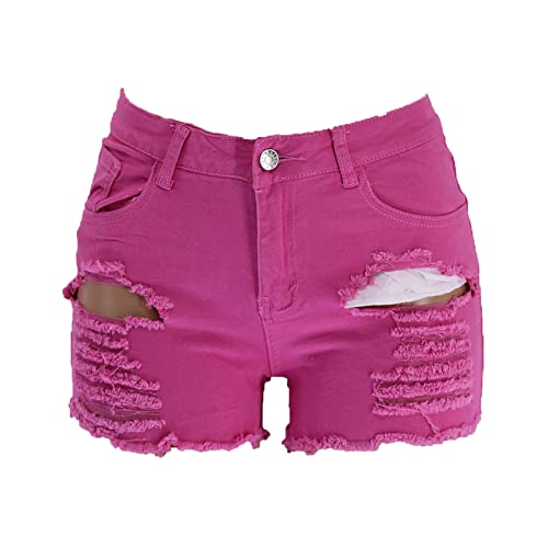 Women's Ripped High Waisted Jean Shorts Summer Hot Raw Hem Casual Shorts Frayed Holes Denim Shorts with Pockets (Medium,Rose)