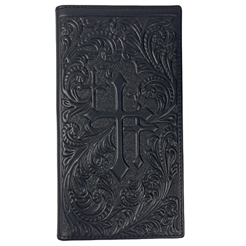 Urbalabs Western Cowboy Leather Long Wallets for Men Checkbook Tooled Wallet Tri Cross Bifold Long Cowboys Billfold Hand Stitched Rodeo RFID Blocking Mens Long Wallet Rodeo Style Cowboy Up (Black)