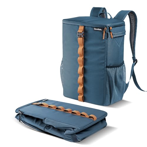 CleverMade Collapsible Backpack Cooler, 24 Can Insulated Backpack Cooler, Soft Sided Cooler Back Pack for Travel, Beach Cooler, Leakproof, Folds Flat - Ocean Cognac