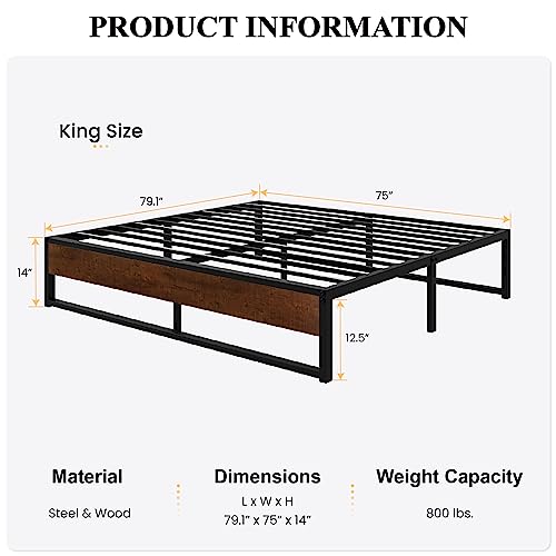 Sha Cerlin 14'' King Size Metal Platform Bed Frame With Rustic Wood & Reverse Holes/Ample Under-Bed Storage Space/Mattress Foundation/No Box Spring Needed/Easy Assembly/Noise Free, Metal Slats #TOP1