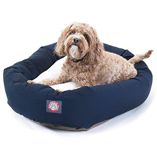 Image of Majestic Pet 32 Inch Poly-Cotton Sherpa Calming Dog Bed Washable 32x18x8 (inch) - Cozy Soft Round Donut Dog Bed with Spine for Head Support - Pet Bed Medium - Blue