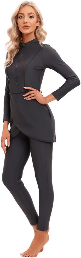 Womens Muslim Islamic Long Sleeves Burkini Swimsuits Swimwear Modest Hijab Top+Pants Rashguard Full Cover Floral Bathing Suit