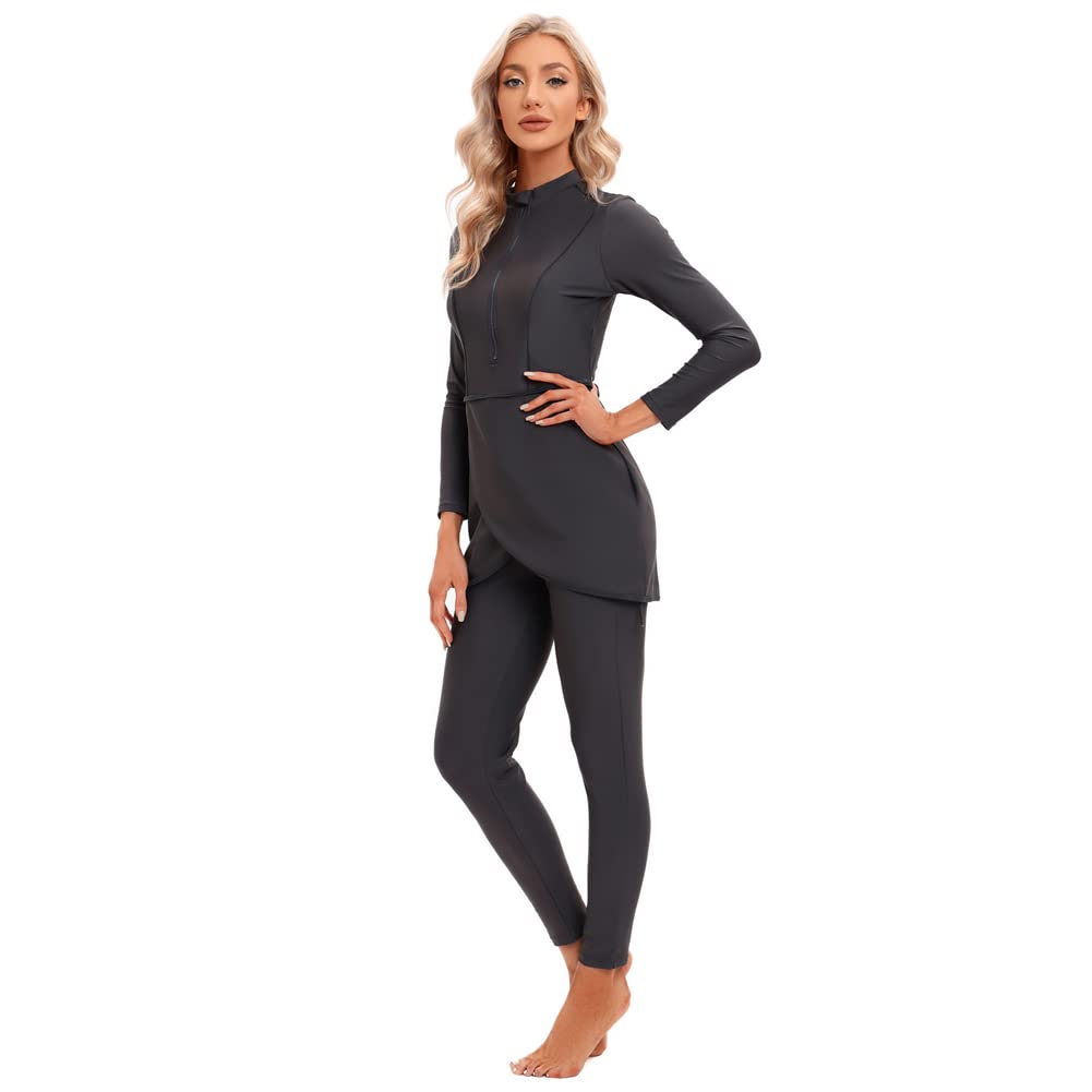 IMEKIS Burkini Musulman Maillot de bain pour femme Motif floral Maillot de bain Islamique Maillot de bain manches longues Rash Guard Fermeture éclair Haut de bain avec maillot de bain Hijab 3 pièces