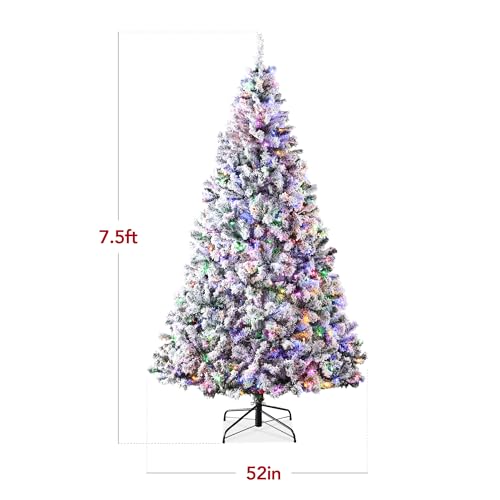 Best Choice Products Pre-Lit Artificial Christmas Tree 7.5ft Snow Flocked Pine Tree, 2-in-1 White and Multicolor LED Lights, Full Snowy Appearance
