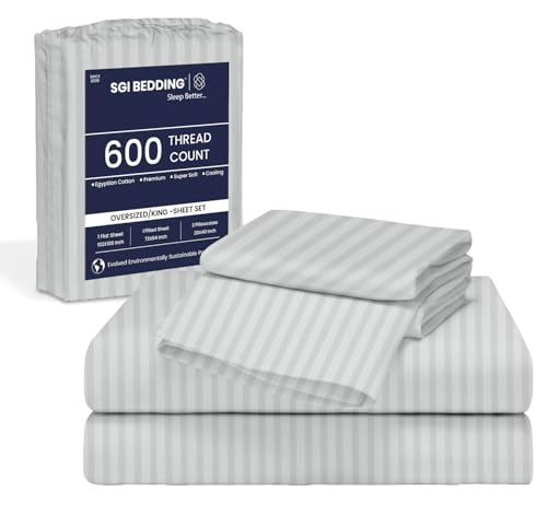 Image of SGI 80 inchx98 inch 4 Pc Texas King Sheet Set 600 TC 18 inch Deep, Light Gray Stripe