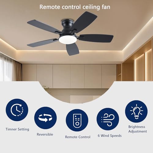 Image of JSAITEE Ceiling Fans with Lights, 42 Inch Low Profile Ceiling Fan with Light and Remote Control, Flush Mount, DC Reversible Motor, Noiseless, Black 6 Speeds Ceiling Fan for Bedroom