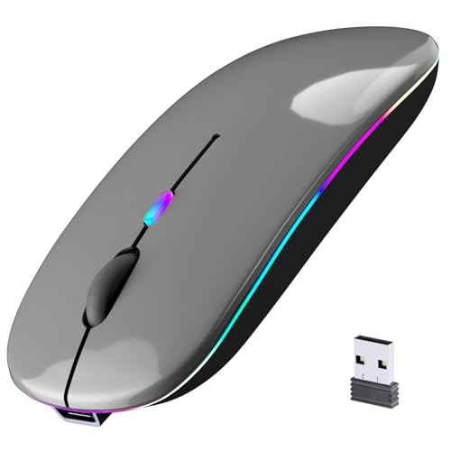 Image of Wireless Bluetooth Mouse, Rechargeable, LED, Silent, Ultra-thin Design (Bluetooth 5.2 and 2.4GHz USB Receiver) | Portable Computer Mouse for Laptops, iPads, MacBooks and Apple Devices (Grey)