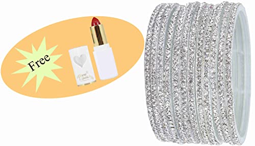 Image of NMII Glass with Zircon Gemstone and Beads Studdded Glossy Finished Traditional Bangle Set For Women and Girls