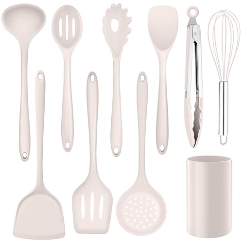 Homikit Silikon Küchenhelfer, 10 Stück Khaki Küchenutensilien Kochbesteck Set mit Utensilienhalter, Hitzebeständiger Kochutensilien Kochset für Kochen Backen, Antihaft, Gesund & Spülmaschinenfest