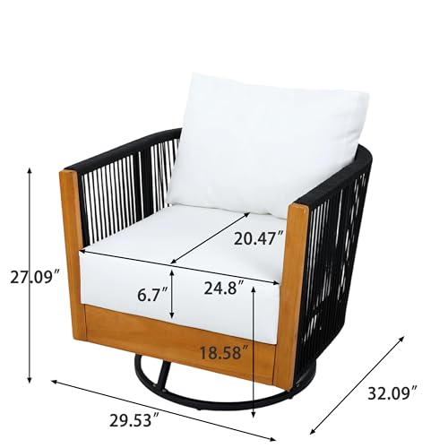 Christopher Knight Home Gunar Outdoor Metal & Acacia Wood Frame Swivel Accent Chair with Cushion, 360° Rotating Lounge Chair Outdoor with Rope Accent, Outdoor Swivel Chair, Black + Light Beige by Christopher Knight Home - Image 4