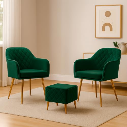 Image of Barfi Velvet Dining Chair | Set of 2 Premium Modern Upholstered Accent Chair with Armrest, Padded Seat and Metal Legs | Comfy Chair for Home, Office & Restaurents | (Green with Puffy)
