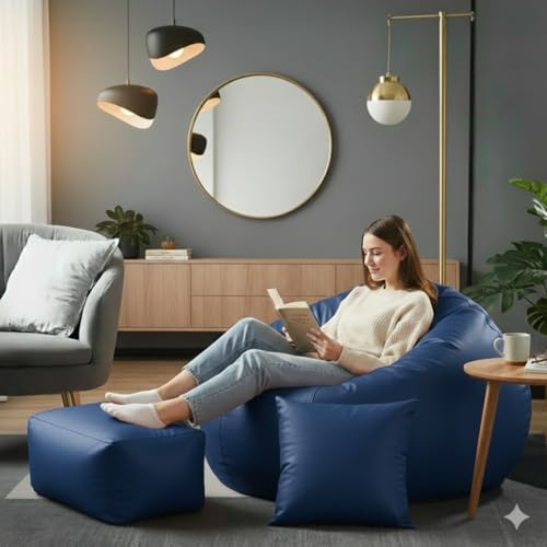Image of Luxury 5XL Jumbo Bean Bag with Footrest & Cushion | Premium Leatherette | High-Density Beans Filled | Heavy Duty Double Stitch | 6 Months Warranty Color- (Navy Blue) (Royal Blue)