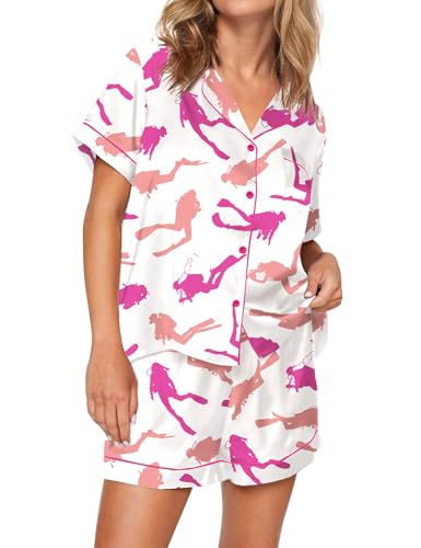 Image of SHESHOW Pajamas for Women Set Satin Button Down Short Sleeve Top and Shorts Pjs Sets Sport Ball Print Sleepwear XS-XXL