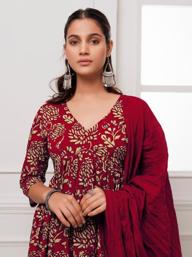 Image of GoSriKi Women's Cotton Blend Anarkali Printed Kurta with Pant & Dupatta