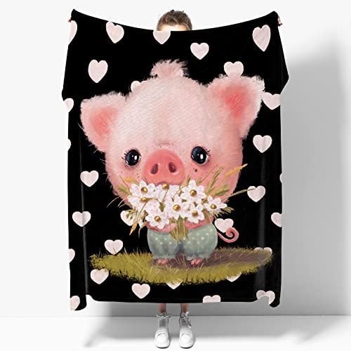 Cute Pig Blanket Love Blanket, Black Lightweight Soft Flannel Fleece Throw Blankets for Bed Sofa Couch Unisex Gifts Kid（50"X40"）