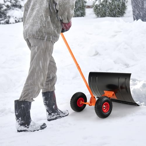 Pala de nieve con ruedas, empujador de nieve de metal resistente, 5 ángulos ajustables, quitanieves rodante para entrada, pavimento, jardín, césped (mango en forma de T)