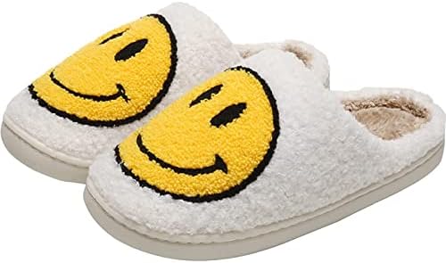 PLMOKN Smile Face Slippers,Retro Soft Plush Lightweight House Slippers Slip-on Cozy Indoor Outdoor Slippers,Slip on Anti-Skid Sole White-10-11Women/9-10Men