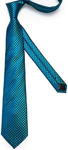 DiBanGu Plaid Tie Men's Silk Tie and Pocket Square Cufflinks Tie Clip Set Wedding Business, Blue Green, One size