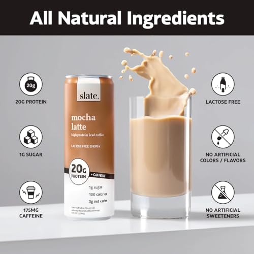 Slate Milk - High Protein Iced Coffee - Energy Variety Pack - Caramel Latte, Mocha Latte, Vanilla Latte - 175mg Caffeine, Lactose Free - 20g Protein, 1g Sugar - Protein Coffee - 11 fl oz, 12 Cans