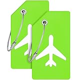 Mifflin - Etiquetas de silicona para equipaje (verde, 2 unidades) con diseño de avión integrado y tarjeta de identificación de nombre; colores brillantes para encontrar rápidamente tu bolsa