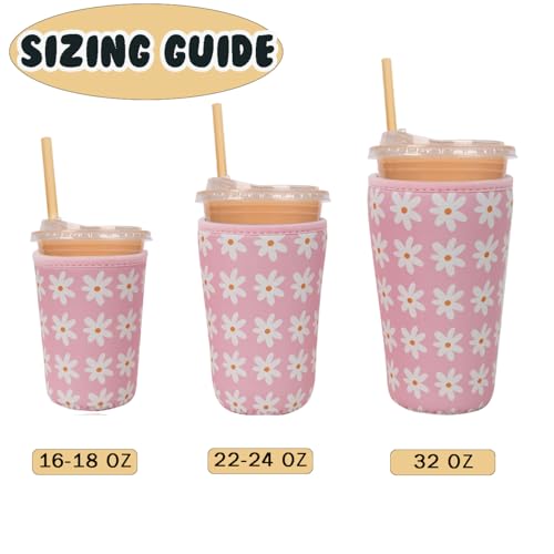 Image of Reusable Insulated Neoprene Iced Coffee Cup Sleeve, Durable Drink Sleeve for Cold Beverages, Beverage Holder for Iced Coffee (Pink Daisies)