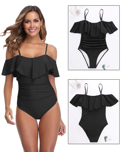 ZINPRETTY Womens Retro One Piece Bathing Suit Tummy Control Off Shoulder Swimsuit Flounce Ruffled Monokini Full Coverage4
