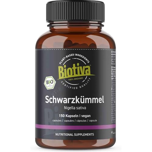 Biotiva Schwarzkümmelpulver Bio 150 Kapseln - 600mg je Kapsel - Ägypten - Nigella sativa - 100% vegan - abgefüllt und kontrolliert in Deutschland (DE-ÖKO-005)
