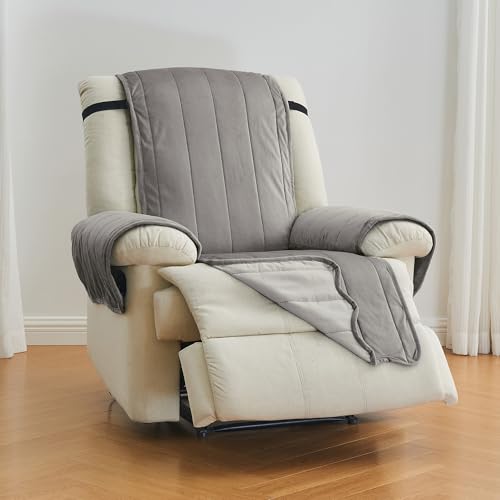 Image of Great Bay Home Velvet Recliner Cover - Washable Slipcover Furniture Protector with Elastic Straps - Furniture Cover for Dogs, Kids, and Pets - Stitched Detail (Wild Dove Grey)